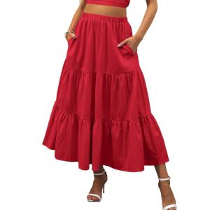 image:imageANRABESS Womens Summer Boho Flowy Swing Tiered ALine Maxi Skirt 2026 Fashion Trendy Elastic Waist Pleated Long Beach DressRed