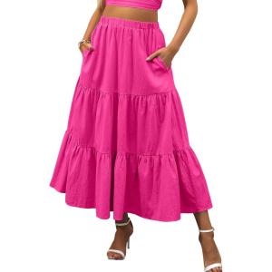 image:imageANRABESS Womens Summer Boho Flowy Swing Tiered ALine Maxi Skirt 2026 Fashion Trendy Elastic Waist Pleated Long Beach DressRose