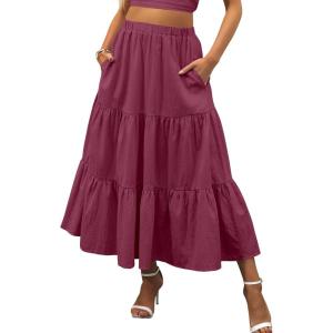 image:imageANRABESS Womens Summer Boho Flowy Swing Tiered ALine Maxi Skirt 2026 Fashion Trendy Elastic Waist Pleated Long Beach DressWine Red