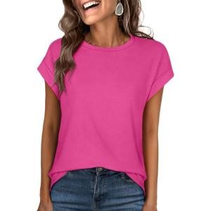 image:imageANRABESS Womens Tops Summer Cap Sleeve Basic Tee Shirts 2026 Trendy Loose Fit Casual Dressy Business Work Tshirts ClothesHot Pink