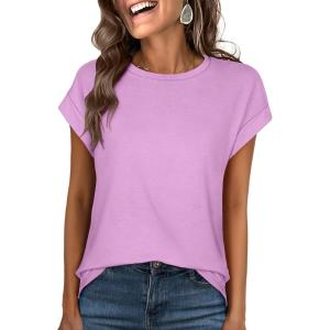 image:imageANRABESS Womens Tops Summer Cap Sleeve Basic Tee Shirts 2026 Trendy Loose Fit Casual Dressy Business Work Tshirts ClothesLilac