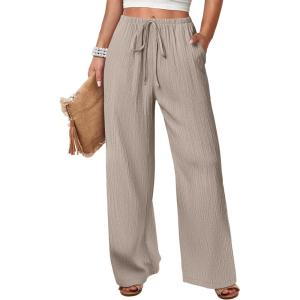 image:imageANRABESS Womens Wide Leg Beach Pants Elastic Waist Lightweight Casual Flowy Palazzo Lounge Trousers with PocketsBeige