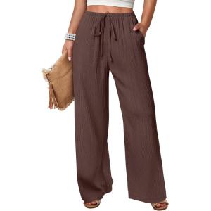 image:imageANRABESS Womens Wide Leg Beach Pants Elastic Waist Lightweight Casual Flowy Palazzo Lounge Trousers with PocketsBrown