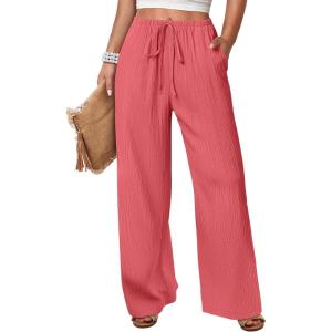 image:imageANRABESS Womens Wide Leg Beach Pants Elastic Waist Lightweight Casual Flowy Palazzo Lounge Trousers with PocketsCoral