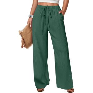image:imageANRABESS Womens Wide Leg Beach Pants Elastic Waist Lightweight Casual Flowy Palazzo Lounge Trousers with PocketsDeep Green
