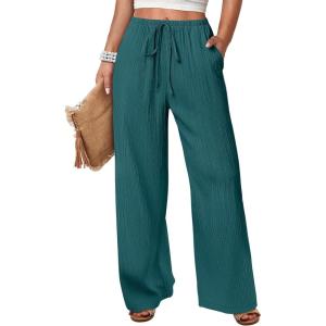 image:imageANRABESS Womens Wide Leg Beach Pants Elastic Waist Lightweight Casual Flowy Palazzo Lounge Trousers with PocketsLake Blue
