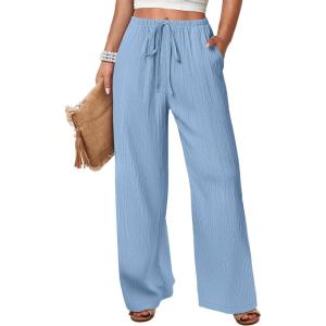 image:imageANRABESS Womens Wide Leg Beach Pants Elastic Waist Lightweight Casual Flowy Palazzo Lounge Trousers with PocketsLight Blue