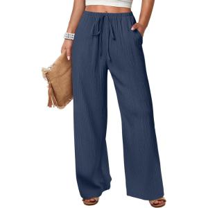 image:imageANRABESS Womens Wide Leg Beach Pants Elastic Waist Lightweight Casual Flowy Palazzo Lounge Trousers with PocketsNavy Blue