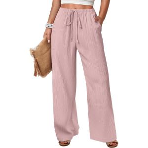image:imageANRABESS Womens Wide Leg Beach Pants Elastic Waist Lightweight Casual Flowy Palazzo Lounge Trousers with PocketsPink