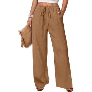 image:imageANRABESS Womens Wide Leg Beach Pants Elastic Waist Lightweight Casual Flowy Palazzo Lounge Trousers with PocketsYellow Brown