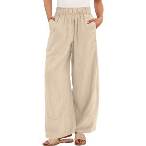 image:imageANRABESS Womens Wide Leg Linen Pants Summer Boho Casual Elastic Waist Long Lounge Travel Pants Trousers with PocketsApricot