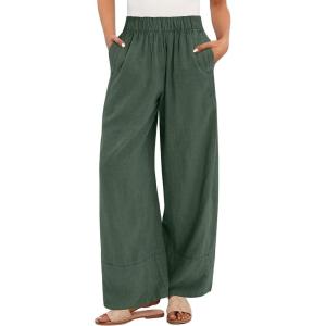 image:imageANRABESS Womens Wide Leg Linen Pants Summer Boho Casual Elastic Waist Long Lounge Travel Pants Trousers with PocketsArmy Green