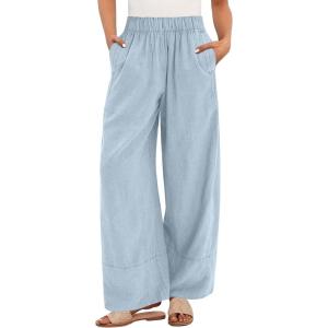 image:imageANRABESS Womens Wide Leg Linen Pants Summer Boho Casual Elastic Waist Long Lounge Travel Pants Trousers with PocketsBaby Blue
