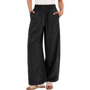 image:imageANRABESS Womens Wide Leg Linen Pants Summer Boho Casual Elastic Waist Long Lounge Travel Pants Trousers with PocketsBlack