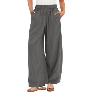 image:imageANRABESS Womens Wide Leg Linen Pants Summer Boho Casual Elastic Waist Long Lounge Travel Pants Trousers with PocketsDark Grey
