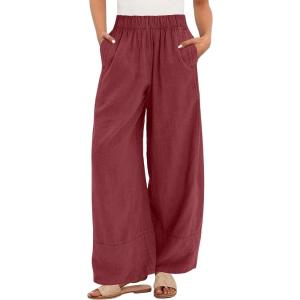 image:imageANRABESS Womens Wide Leg Linen Pants Summer Boho Casual Elastic Waist Long Lounge Travel Pants Trousers with PocketsDeep Red