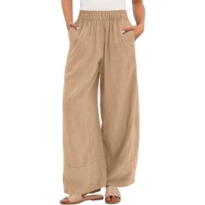 image:imageANRABESS Womens Wide Leg Linen Pants Summer Boho Casual Elastic Waist Long Lounge Travel Pants Trousers with PocketsKhaki