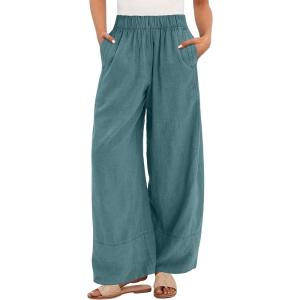 image:imageANRABESS Womens Wide Leg Linen Pants Summer Boho Casual Elastic Waist Long Lounge Travel Pants Trousers with PocketsLake Blue