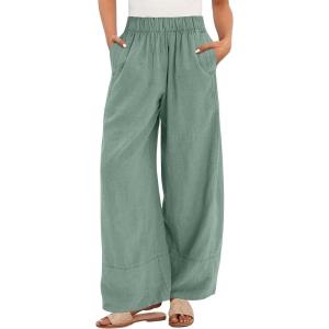 image:imageANRABESS Womens Wide Leg Linen Pants Summer Boho Casual Elastic Waist Long Lounge Travel Pants Trousers with PocketsLight Green