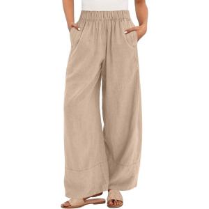 image:imageANRABESS Womens Wide Leg Linen Pants Summer Boho Casual Elastic Waist Long Lounge Travel Pants Trousers with PocketsLight Khaki