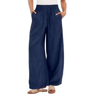 image:imageANRABESS Womens Wide Leg Linen Pants Summer Boho Casual Elastic Waist Long Lounge Travel Pants Trousers with PocketsNavy Blue