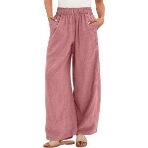 image:imageANRABESS Womens Wide Leg Linen Pants Summer Boho Casual Elastic Waist Long Lounge Travel Pants Trousers with PocketsPink