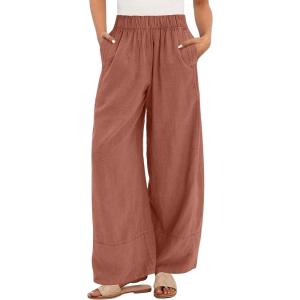 image:imageANRABESS Womens Wide Leg Linen Pants Summer Boho Casual Elastic Waist Long Lounge Travel Pants Trousers with PocketsRust Red