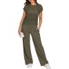 image:imageANRABESS Women Two Piece Outfits Crochet Sheer Knit Sweater Top Wide Leg Pants Lounge Matching Sets Sweatsuit Travel ClothesArmy Green