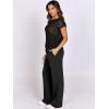 image:imageANRABESS Women Two Piece Outfits Crochet Sheer Knit Sweater Top Wide Leg Pants Lounge Matching Sets Sweatsuit Travel ClothesBlack