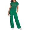 image:imageANRABESS Women Two Piece Outfits Crochet Sheer Knit Sweater Top Wide Leg Pants Lounge Matching Sets Sweatsuit Travel ClothesGreen