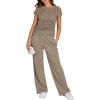 image:imageANRABESS Women Two Piece Outfits Crochet Sheer Knit Sweater Top Wide Leg Pants Lounge Matching Sets Sweatsuit Travel ClothesLight Brown