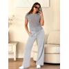 image:imageANRABESS Women Two Piece Outfits Crochet Sheer Knit Sweater Top Wide Leg Pants Lounge Matching Sets Sweatsuit Travel ClothesLight Grey