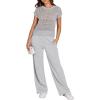image:imageANRABESS Women Two Piece Outfits Crochet Sheer Knit Sweater Top Wide Leg Pants Lounge Matching Sets Sweatsuit Travel ClothesLight Grey