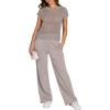 image:imageANRABESS Women Two Piece Outfits Crochet Sheer Knit Sweater Top Wide Leg Pants Lounge Matching Sets Sweatsuit Travel ClothesLight Khaki