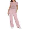 image:imageANRABESS Women Two Piece Outfits Crochet Sheer Knit Sweater Top Wide Leg Pants Lounge Matching Sets Sweatsuit Travel ClothesLight Pink