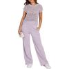 image:imageANRABESS Women Two Piece Outfits Crochet Sheer Knit Sweater Top Wide Leg Pants Lounge Matching Sets Sweatsuit Travel ClothesLight Purple