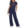 image:imageANRABESS Women Two Piece Outfits Crochet Sheer Knit Sweater Top Wide Leg Pants Lounge Matching Sets Sweatsuit Travel ClothesNavy Blue