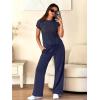 image:imageANRABESS Women Two Piece Outfits Crochet Sheer Knit Sweater Top Wide Leg Pants Lounge Matching Sets Sweatsuit Travel ClothesNavy Blue