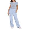 image:imageANRABESS Women Two Piece Outfits Crochet Sheer Knit Sweater Top Wide Leg Pants Lounge Matching Sets Sweatsuit Travel ClothesSky Blue