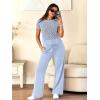 image:imageANRABESS Women Two Piece Outfits Crochet Sheer Knit Sweater Top Wide Leg Pants Lounge Matching Sets Sweatsuit Travel ClothesSky Blue
