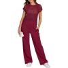 image:imageANRABESS Women Two Piece Outfits Crochet Sheer Knit Sweater Top Wide Leg Pants Lounge Matching Sets Sweatsuit Travel ClothesWine Red