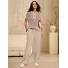 image:imageANRABESS Womens 2 Piece Outfits Crochet Knit Half Zip Sweater Top Wide Leg Pants Summer Lounge Matching Sets Travel ClothesAlmond