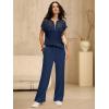 image:imageANRABESS Womens 2 Piece Outfits Crochet Knit Half Zip Sweater Top Wide Leg Pants Summer Lounge Matching Sets Travel ClothesNavy Blue