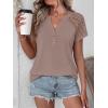 image:imageANRABESS Womens Short Sleeve Lace Shirt  Trendy Henley V Neck Blouse Versatile Business Casual Office Top for Work amp SummerLight Coffee