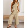 image:imageANRABESS Womens Summer 2 Piece Outfits Sleeveless Crop Top Capri Wide Leg Pants Jumpsuit Linen Lounge Beach Travel SetsApricot