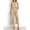 image:imageANRABESS Womens Summer 2 Piece Outfits Sleeveless Crop Top Capri Wide Leg Pants Jumpsuit Linen Lounge Beach Travel SetsApricot