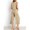image:imageANRABESS Womens Summer 2 Piece Outfits Sleeveless Crop Top Capri Wide Leg Pants Jumpsuit Linen Lounge Beach Travel SetsApricot