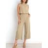 image:imageANRABESS Womens Summer 2 Piece Outfits Sleeveless Crop Top Capri Wide Leg Pants Jumpsuit Linen Lounge Beach Travel SetsApricot