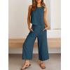 image:imageANRABESS Womens Summer 2 Piece Outfits Sleeveless Crop Top Capri Wide Leg Pants Jumpsuit Linen Lounge Beach Travel SetsDeep Blue