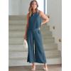 image:imageANRABESS Womens Summer 2 Piece Outfits Sleeveless Crop Top Capri Wide Leg Pants Jumpsuit Linen Lounge Beach Travel SetsDeep Blue